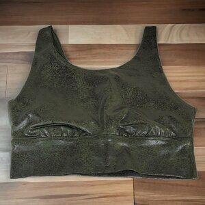 Offline Aerie Hugger Crackle Faux Leather Keyhole Back Sports Bra Dark Green S